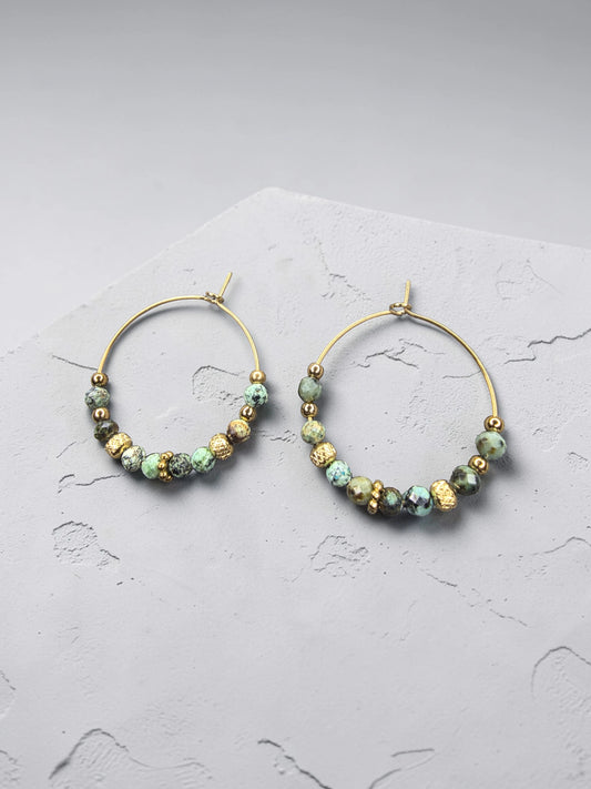 Boucle d'oreille LIVINA – Créole Dorée & Turquoise Africaine